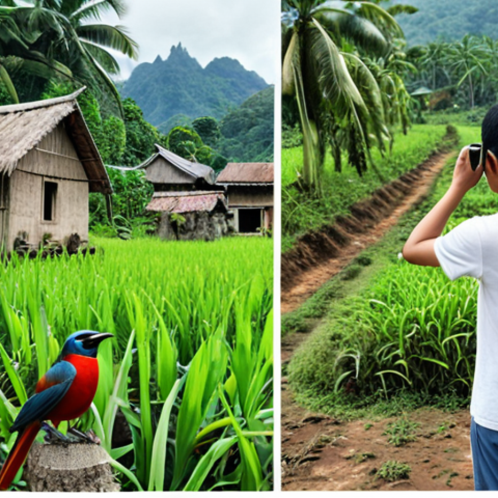 **A split image**: On one side, a person using a thick field guide and binoculars in a lush kampung (village) to identify a bird. On the other side, the same person using a smartphone app to instantly identify a plant in their garden.