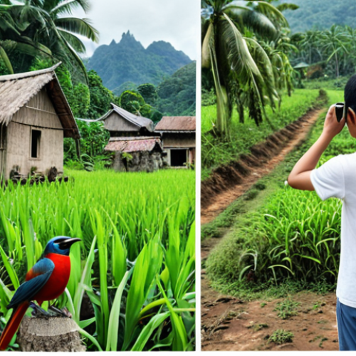 Home 4 **A split image**: On one side, a person using a thick field guide and binoculars in a lush kampung (village) to identify a bird. On the other side, the same person using a smartphone app to instantly identify a plant in their garden.