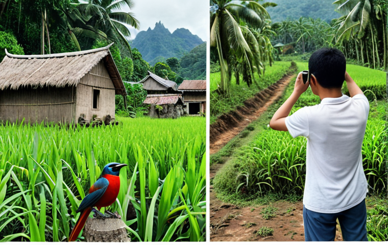 **A split image**: On one side, a person using a thick field guide and binoculars in a lush kampung (village) to identify a bird. On the other side, the same person using a smartphone app to instantly identify a plant in their garden.